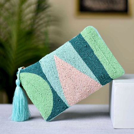 Green Beaded Oversized Clutch Purse With Tassel